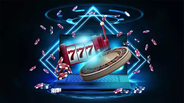 Ruang kasino virtual dengan permainan meja klasik dan slot berwarna cerah